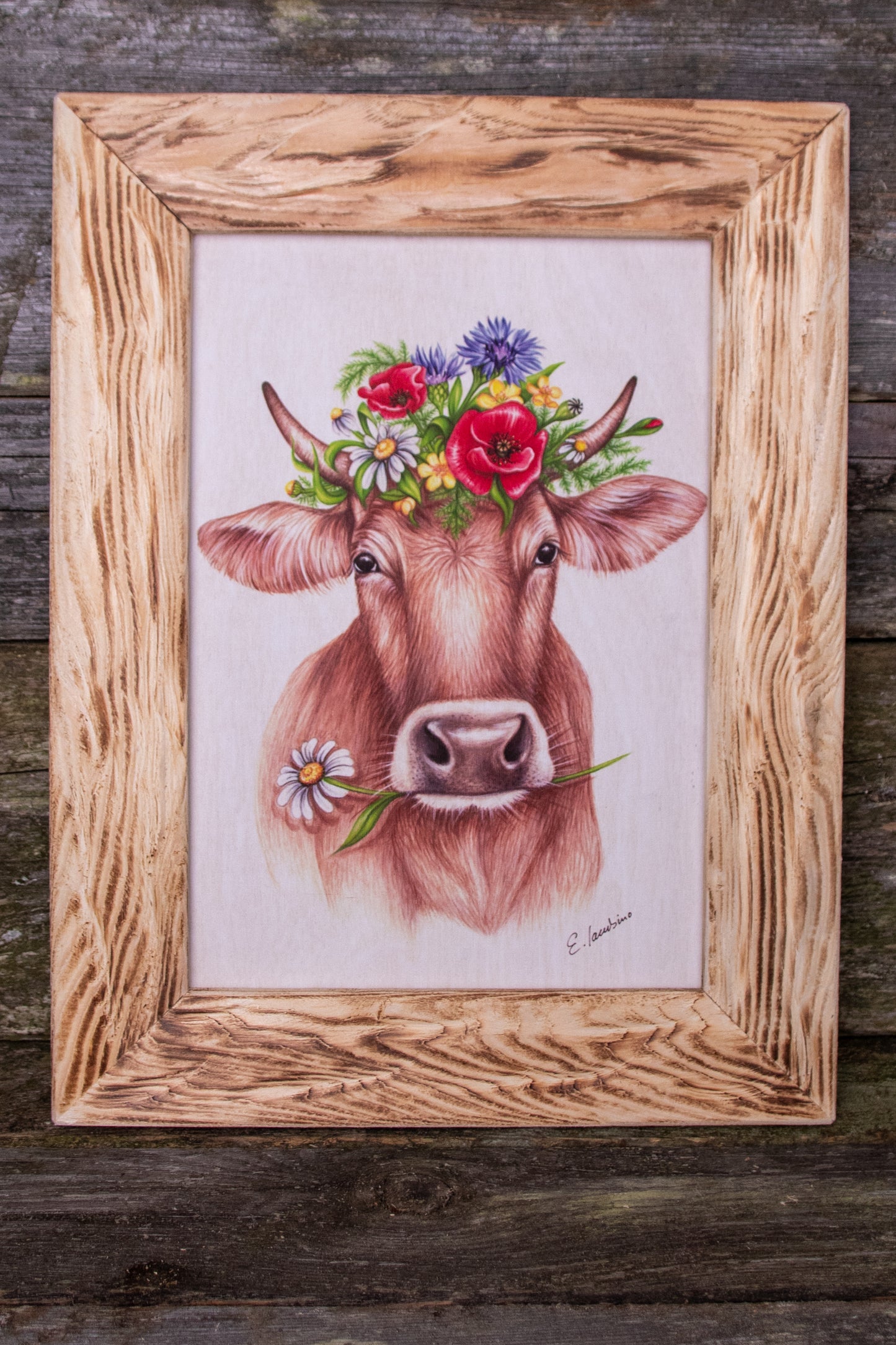 Bedruckte Holztafel Blumenkuh