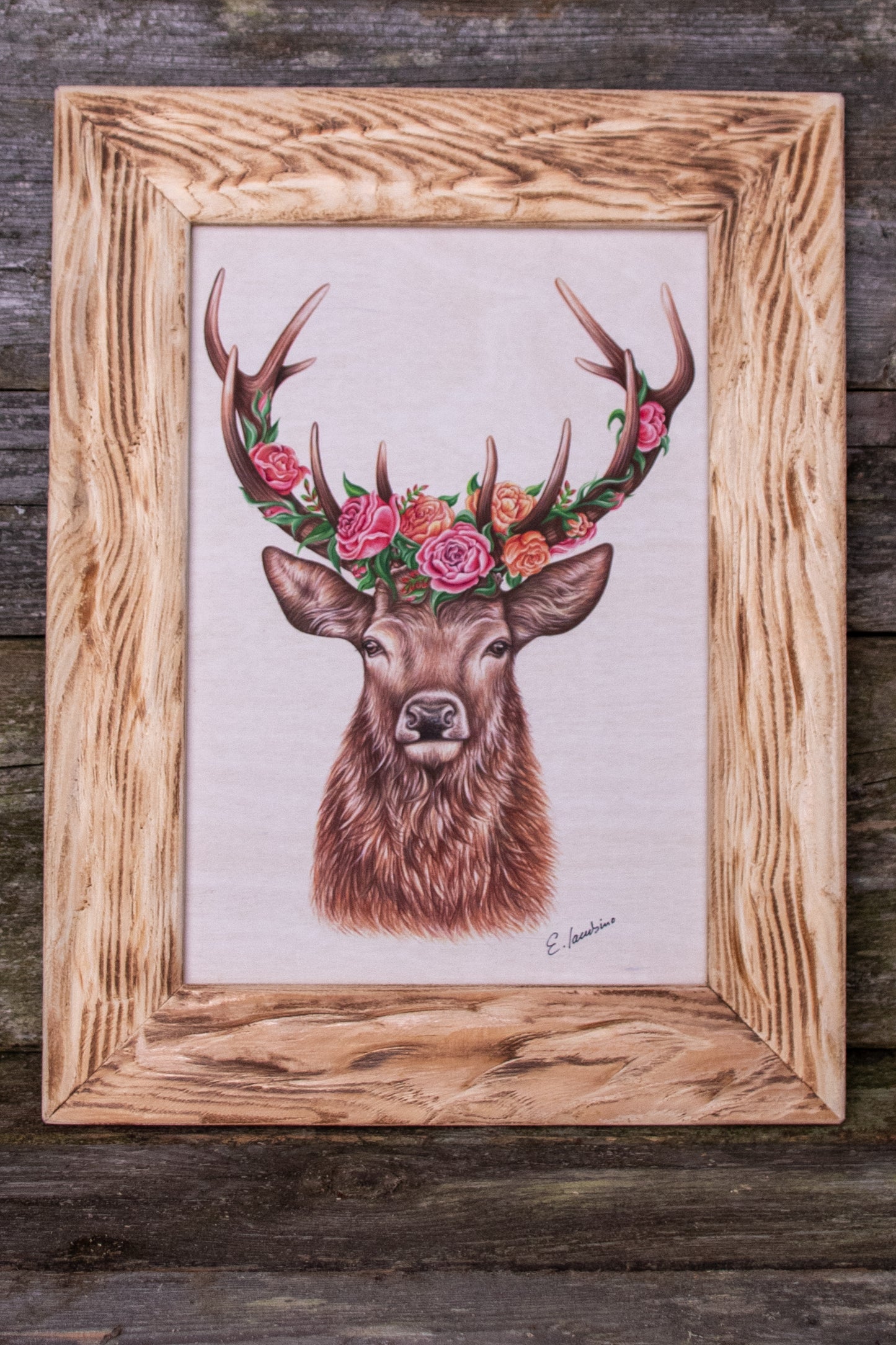 Bedruckte Holztafel Blumenhirsch